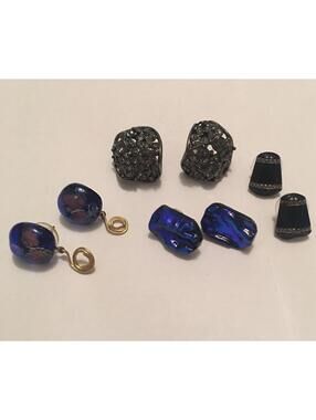 Lot Of 4 Pierced Stud Earrings Blue Black Grey Some Glass Some Rhinestone Studs